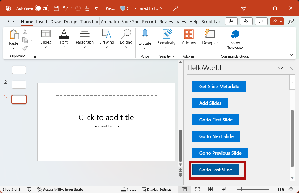 The Go to Last Slide button highlighted in the add-in.