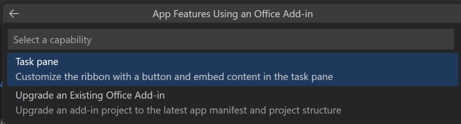 The options in the App Features Using an Office Add-in dropdown menu. The option 'Task pane' is selected.