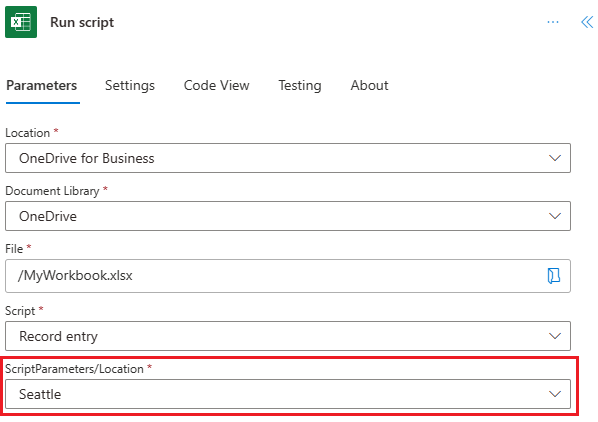 The Run script action showing an additional parameter field called 'Location' with a pre-populated value of 'Seattle'.