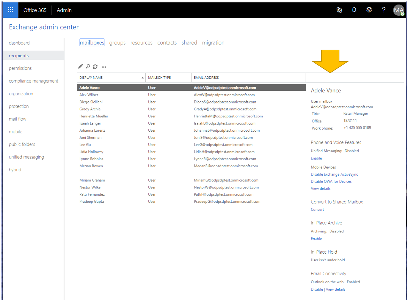 Screenshot of 16 users added to the Exchange Admin Center