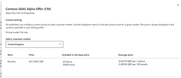 Screenshot showing a custom pricing page for a sample ISV offer.