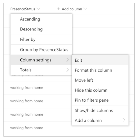 編輯 PresenceStatus 資料行。