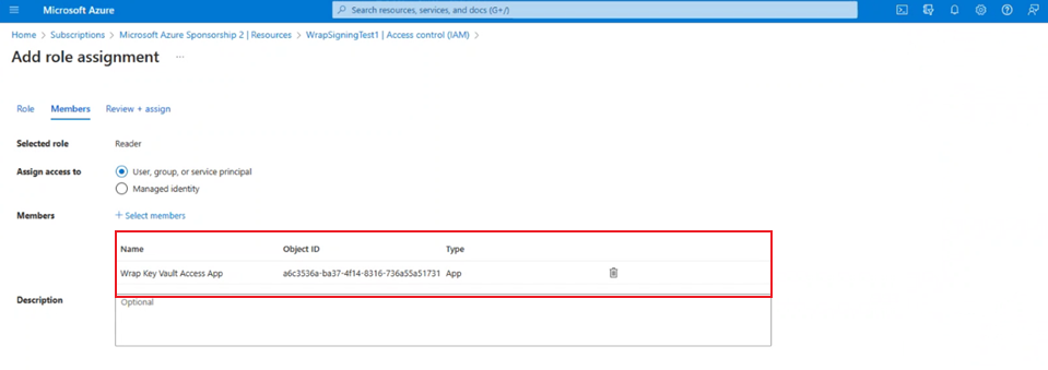 指派讀者角色給 Wrap KeyVault Access 應用程式。