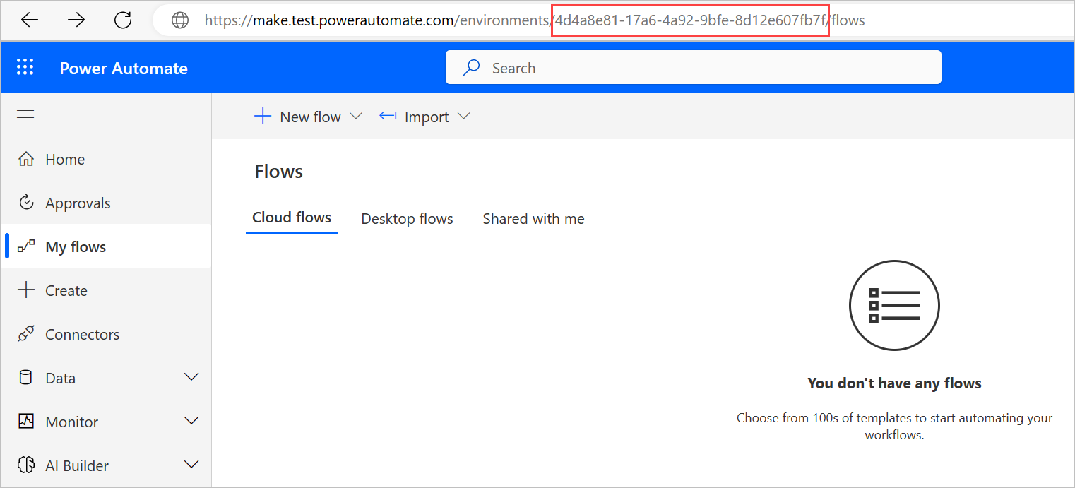 Power Automate 入口網站 URL 中環境識別碼的螢幕截圖。