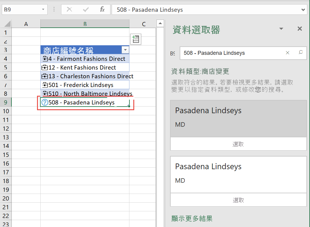 Excel [資料選取器] 窗格的螢幕擷取畫面。