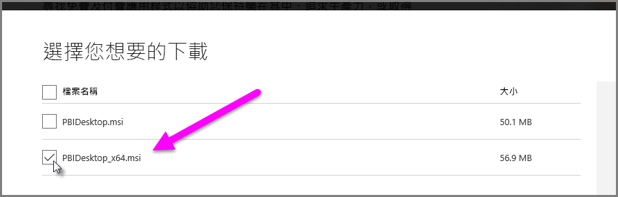 顯示選擇 Power BI Desktop 下載位元版本的螢幕快照。
