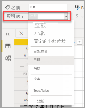 [資料檢視] 的螢幕擷取畫面，其中顯示 [資料類型] 下拉式清單選取項目。