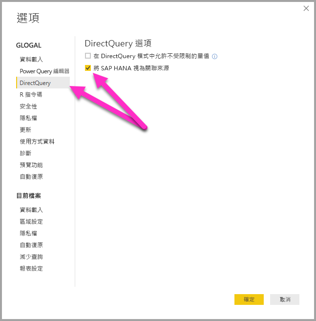 [選項] 對話框的螢幕快照，其中顯示 DirectQuery 選項。