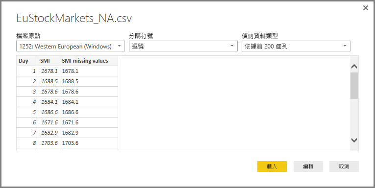 [CSV 檔案] 對話方塊的螢幕擷取畫面，其中顯示選取的 CSV。