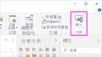 螢幕擷取畫面顯示 Power BI Desktop 中的 [發佈] 按鈕。