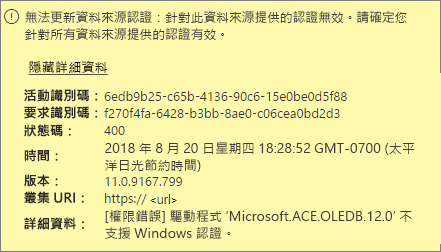 此螢幕擷取畫面顯示資料來源認證錯誤訊息。