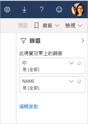 顯示 [篩選] 窗格中 [編輯變數] 連結的螢幕擷取畫面。