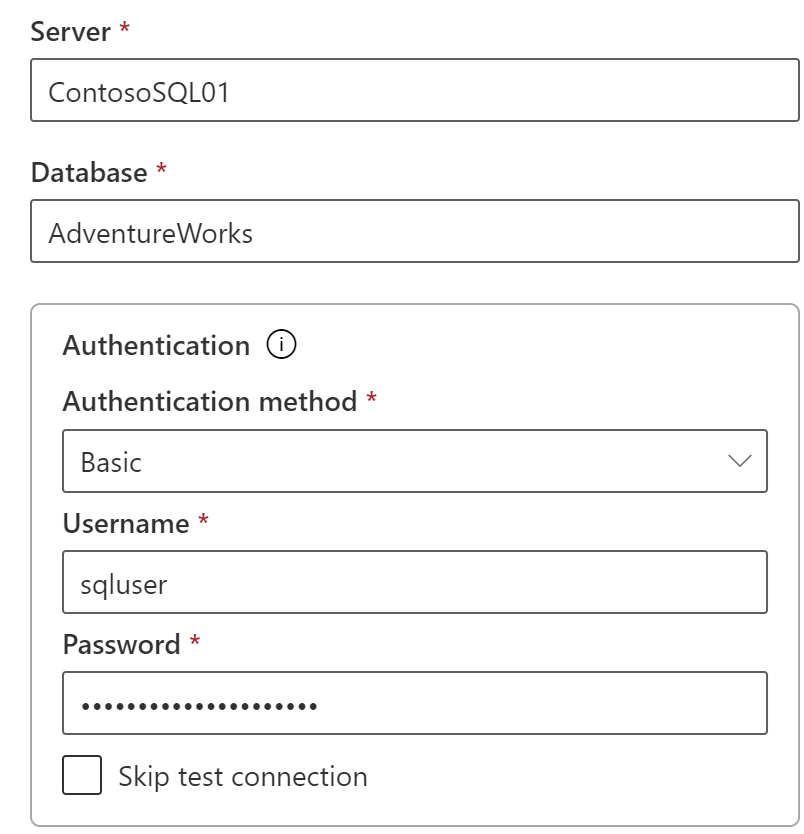 SQL 資料來源的認證的螢幕擷取畫面。