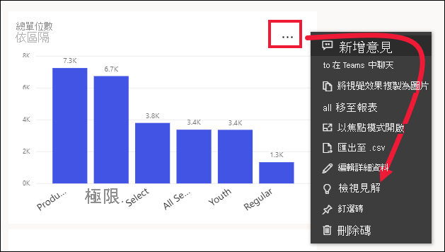 磚的螢幕擷取畫面，其中顯示已醒目提示省略符號的選取項目，並顯示已醒目提示 [檢視見解] 的下拉式功能表。