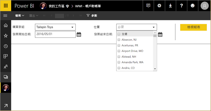 [參數] 的螢幕擷取畫面，用以檢視已醒目提示必要欄位的報表。