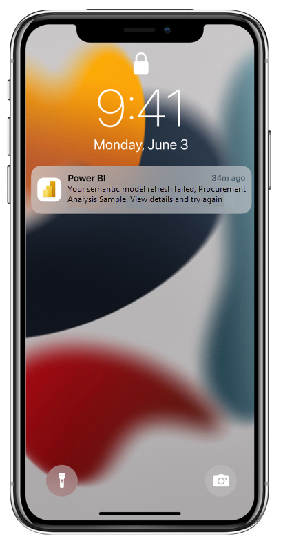 Power BI 行動裝置應用程式中語意模型重新整理失敗通知的螢幕擷取畫面。