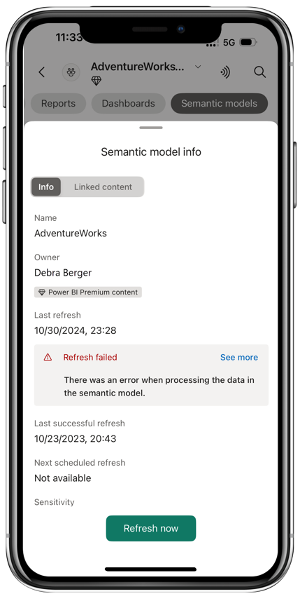 Power BI 行動裝置應用程式中語意模型資訊頁面的螢幕擷取畫面。