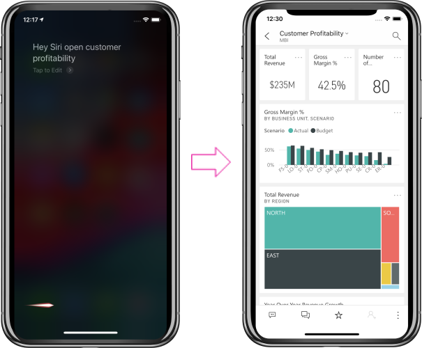 Siri 會啟動 Power BI 以開啟捷徑