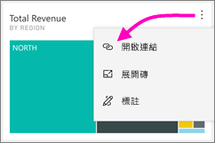 儀表板的螢幕擷取畫面，其中顯示指向 [開啟連結] 的垂直省略符號。