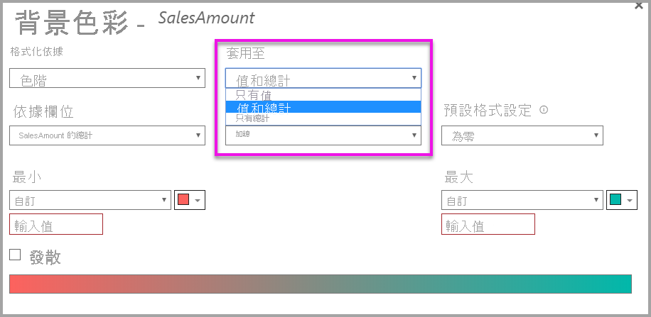 條件式格式設定對話方塊：[套用至] 下拉式清單會設定為 [值] 和 [總計]。