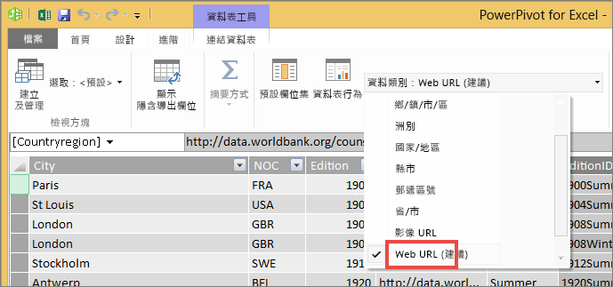 Excel 中的資料類別下拉式清單