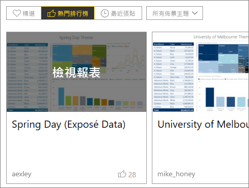 佈景主題資源庫報表選項的螢幕擷取畫面。