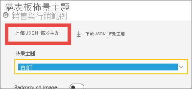 儀表板佈景主題視窗的螢幕擷取畫面，其中醒目提示 [上載 JSON 佈景主題] 選項。