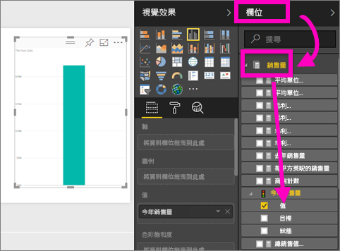 報表編輯器的螢幕擷取畫面，其中醒目提示 [資料] 窗格、[銷售額]、[今年銷售額] 和 [值]。