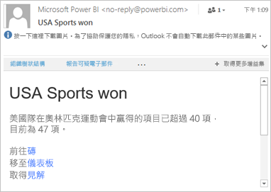 範例電子郵件的螢幕擷取畫面，其中包含 Power BI 的連結。