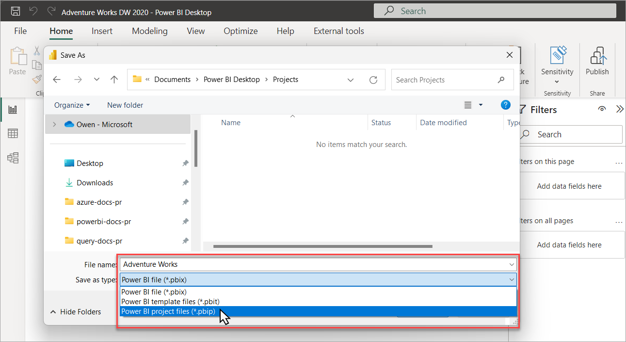 顯示另存檔案為 Power BI 專案的螢幕擷取畫面