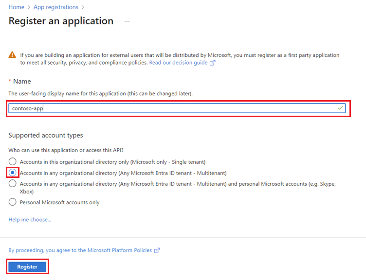 Microsoft Entra ID 註冊應用程式的 [註冊應用程式] 頁面的螢幕擷取畫面。