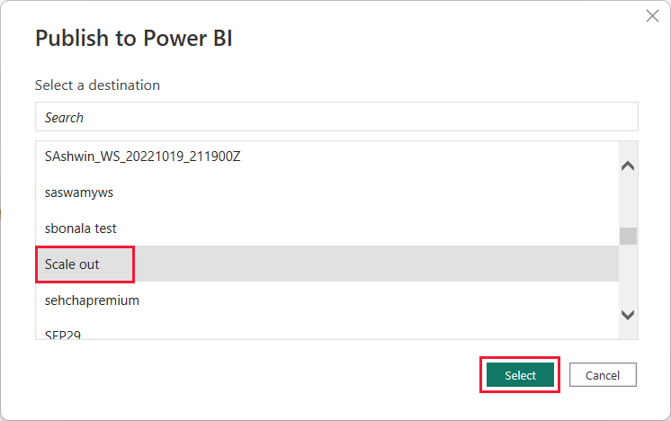 此螢幕擷取畫面顯示 Power B I Desktop 中的發佈至 Power BI 快顯視窗。