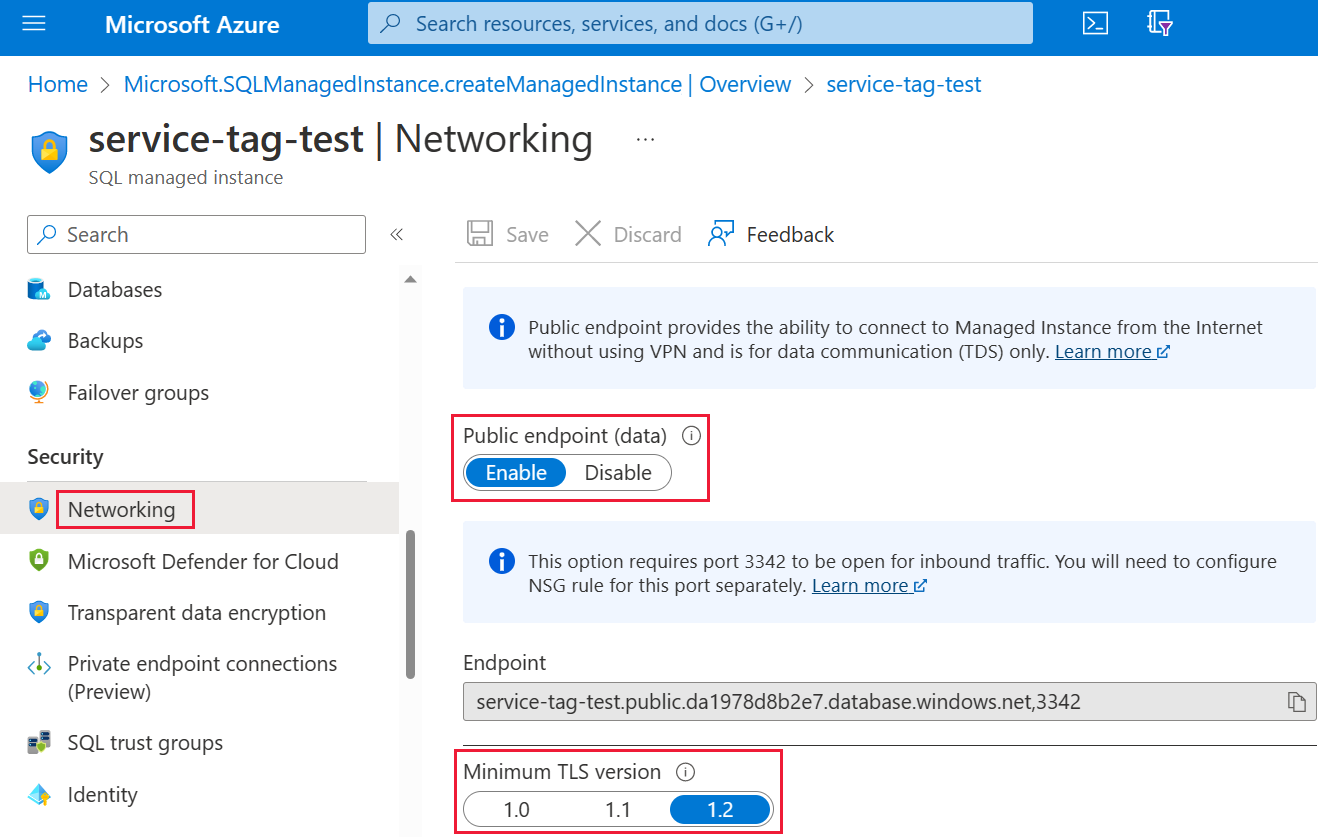 Azure 入口網站的螢幕擷取畫面，用以啟用公用端點。