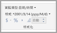 顯示 [格式化] 面板的螢幕擷取畫面，其中已選取資料類型和日期時間格式。