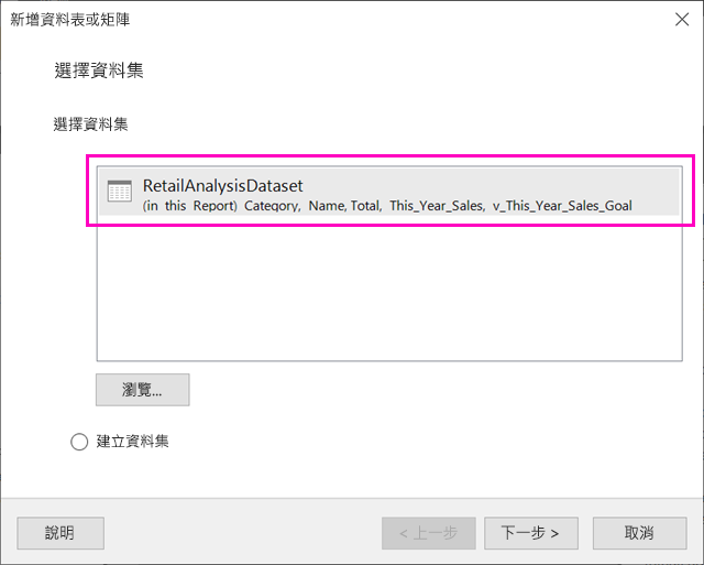 螢幕擷取畫面顯示 [資料表精靈] 中的資料集選項。