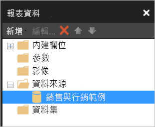 螢幕擷取畫面顯示 [報表資料] 窗格，其中包含 [資料來源] 底下所列的資料集。