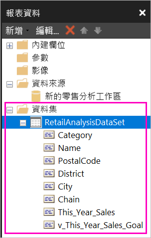 螢幕擷取畫面顯示 [報表資料] 窗格中列在資料集下的欄位。