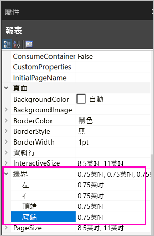 頁面邊界屬性的螢幕擷取畫面。