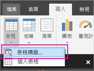 螢幕擷取畫面顯示 [插入] 功能區上的 [資料表精靈] 按鈕。