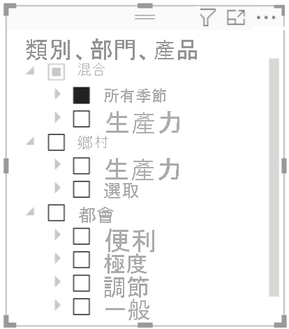 Power BI Desktop 中的 Power BI 報表伺服器階層篩選器。