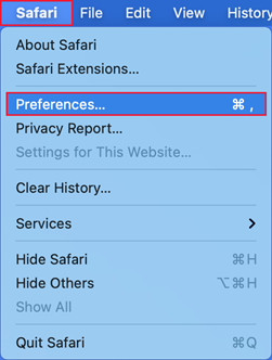 Apple [Safari] 功能表的螢幕擷取畫面，其中已選取 [喜好設定]。