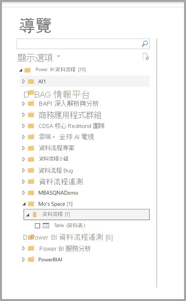 Power BI Desktop 中 [導覽器] 的螢幕擷取畫面，其中選擇了要連線的資料流程。