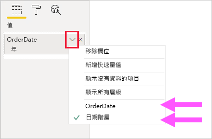 螢幕擷取畫面，顯示 OrderDate 階層視覺效果欄位設定的範例。