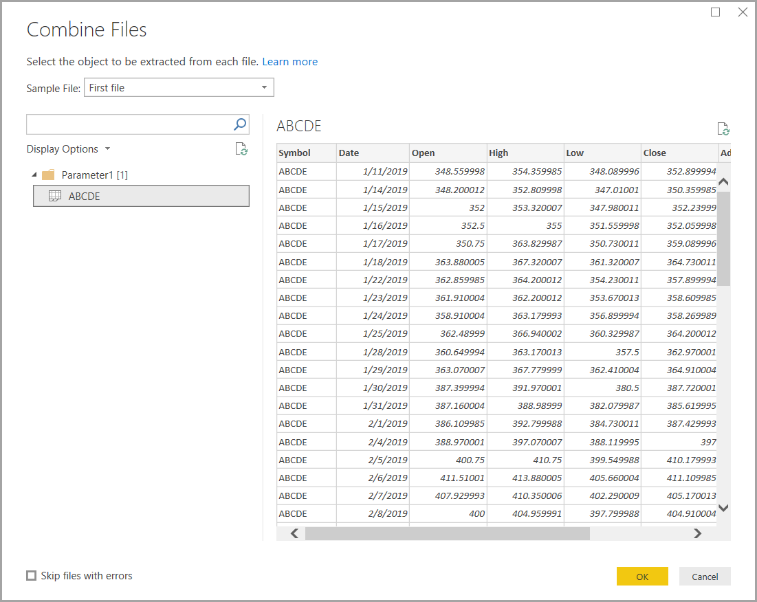 Power BI Desktop 中 [合併檔案] 對話方塊的螢幕擷取畫面。