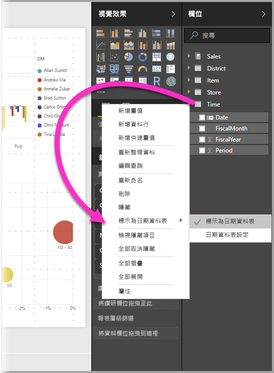 Power BI Desktop 的螢幕擷取畫面，其中顯示 [欄位] 窗格中的 [標記為日期資料表] 篩選選項。