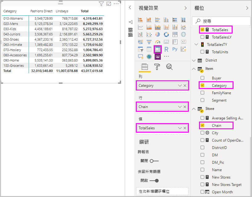 矩陣視覺效果的螢幕擷取畫面，其中顯示銷售資料表。