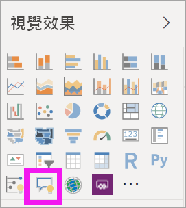 此螢幕擷取畫面顯示如何在 Power BI 的 [視覺效果] > [建置視覺效果] 窗格上選取 Q&A 視覺效果。