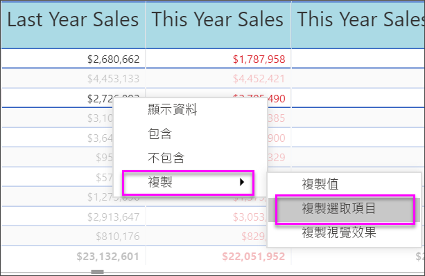 顯示如何同時複製多個資料格值，以在其他應用程式中使用的螢幕擷取畫面。