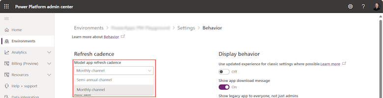 Power Platform admin center environment settings release channel selector