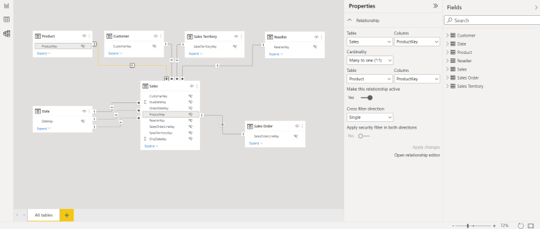 Relationship editing in the properties pane.